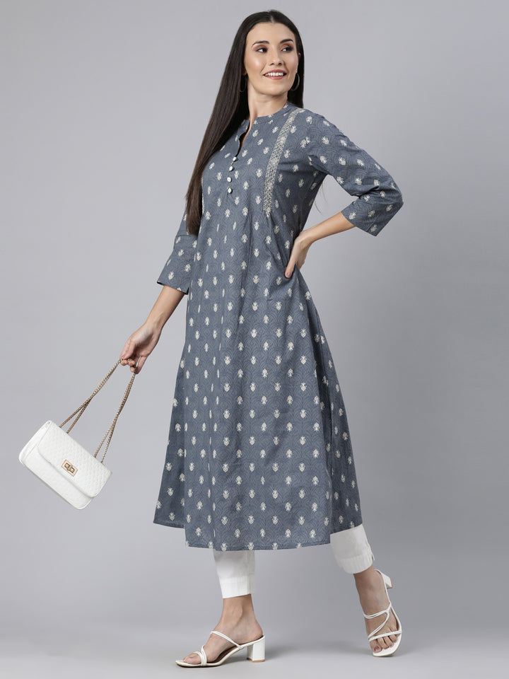 Neerus Grey cotton printed floral straight kurti - detail view 2