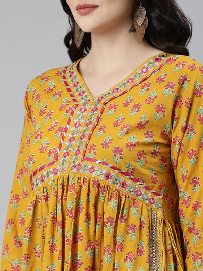 Neerus Mustard Pleated Straight Printed Kurta And Trousers With Dupatta