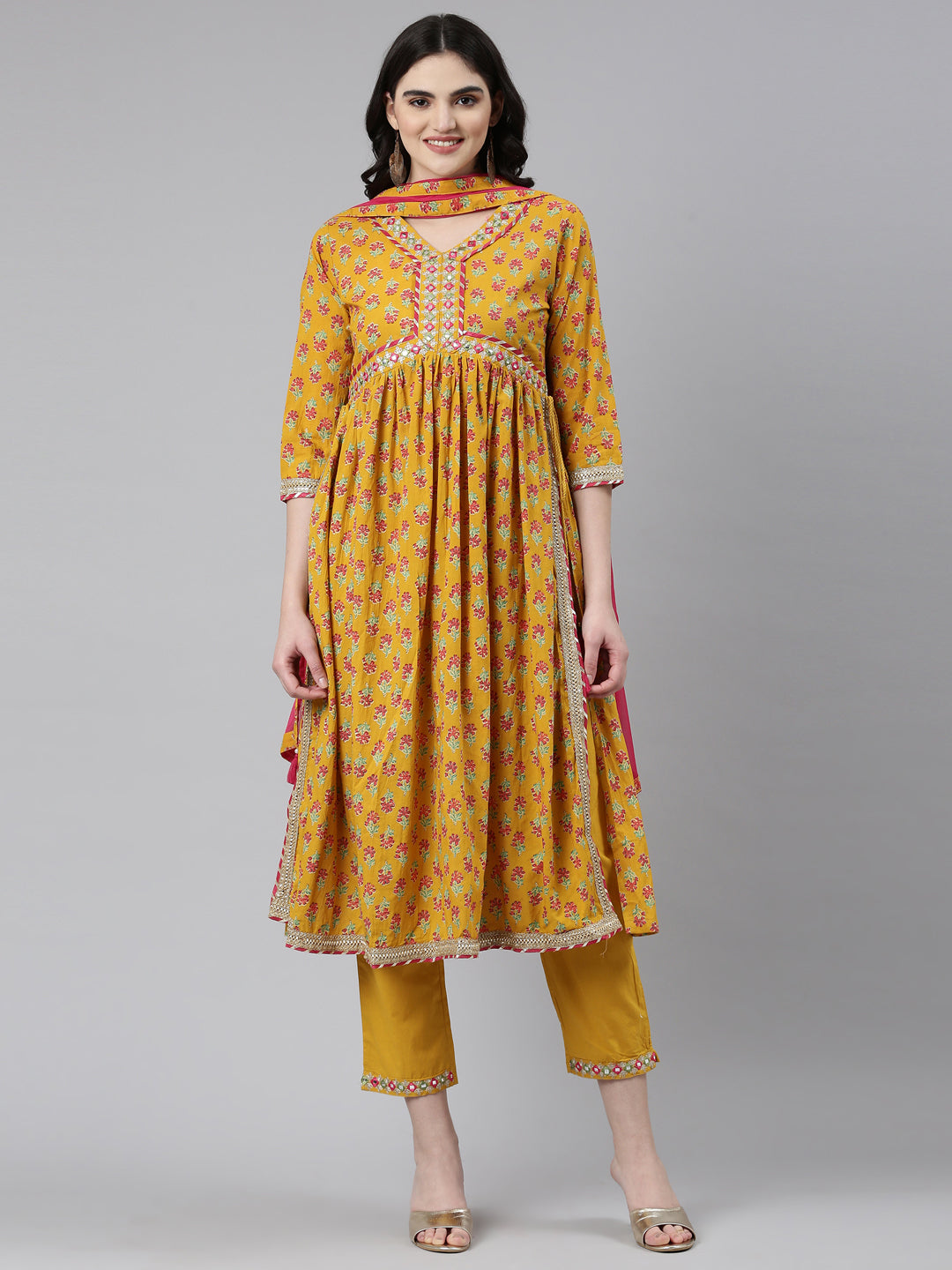 Neerus Mustard Pleated Straight Printed Kurta And Trousers With Dupatta
