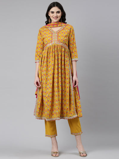 Neerus Mustard Pleated Straight Printed Kurta And Trousers With Dupatta
