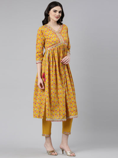 Neerus Mustard Pleated Straight Printed Kurta And Trousers With Dupatta