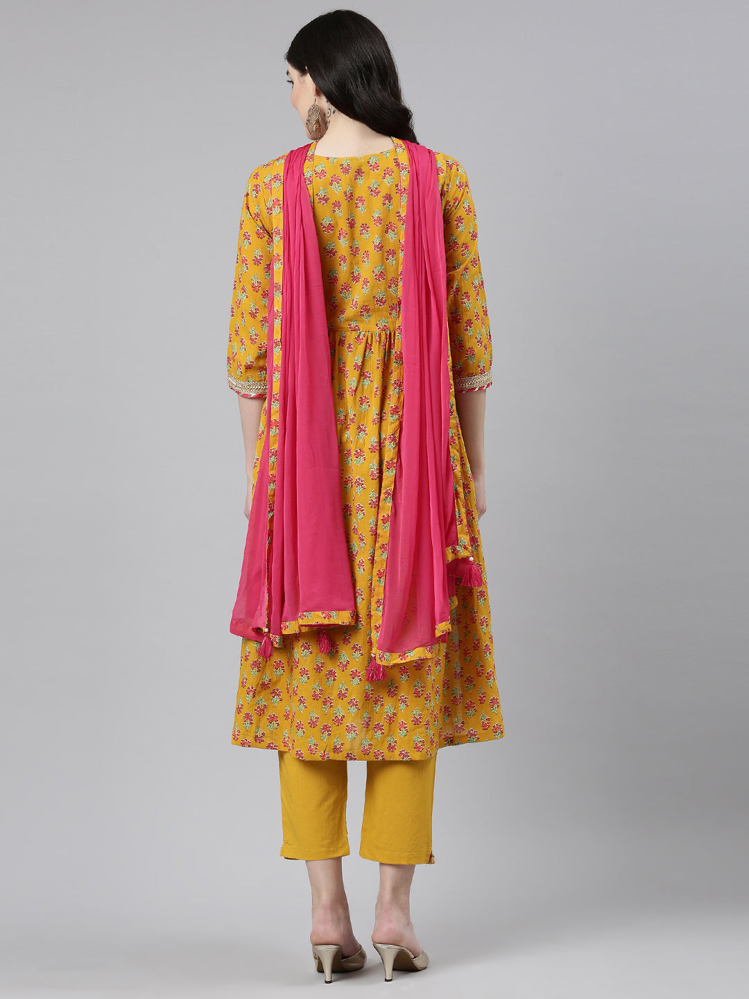 Neerus Mustard Pleated Straight Printed Kurta And Trousers With Dupatta