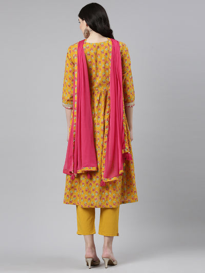 Neerus Mustard Pleated Straight Printed Kurta And Trousers With Dupatta
