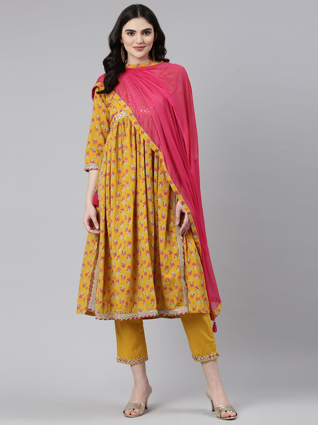 Neerus Mustard Pleated Straight Printed Kurta And Trousers With Dupatta