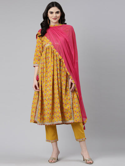 Neerus Mustard Pleated Straight Printed Kurta And Trousers With Dupatta