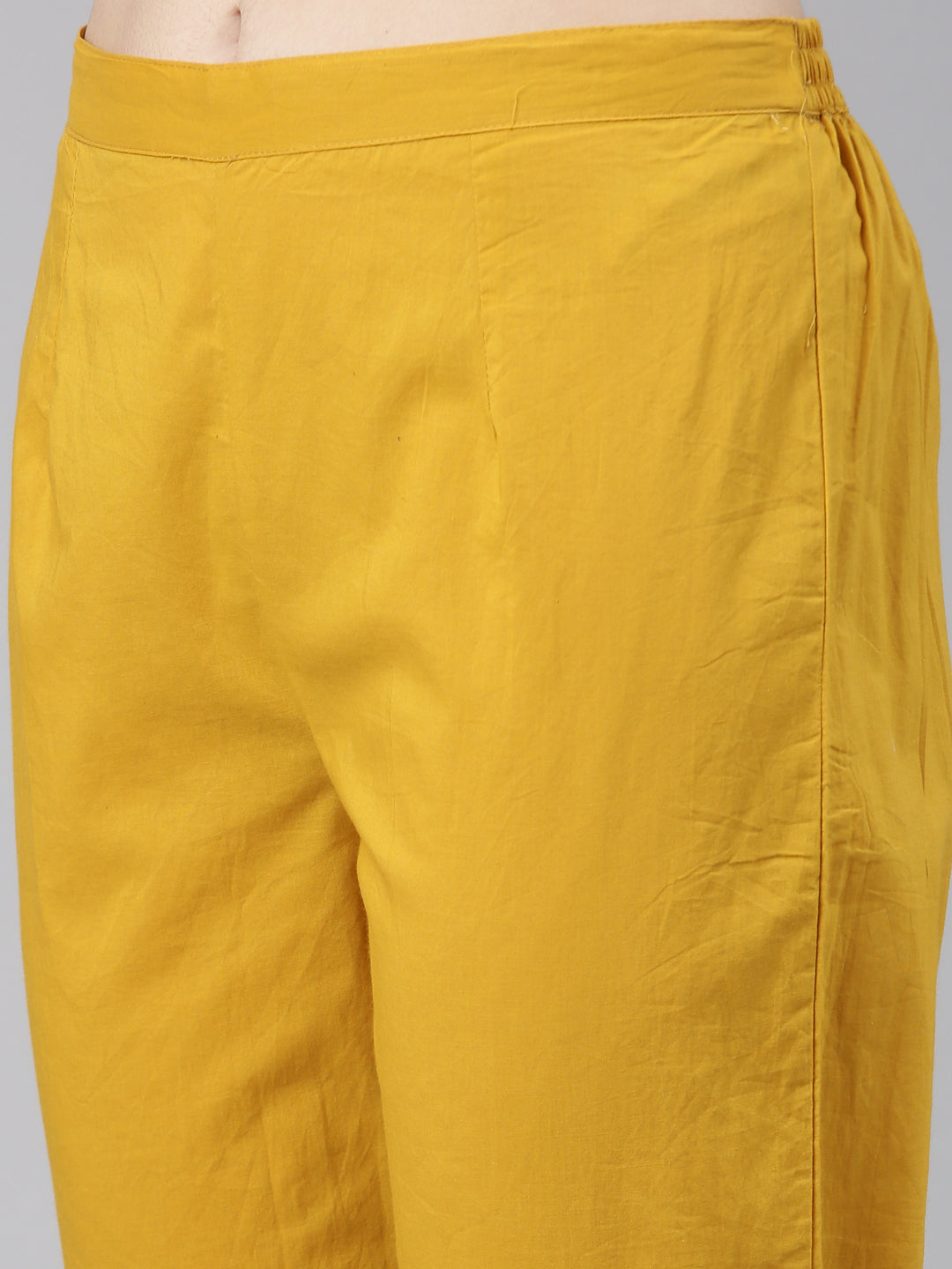 Neerus Mustard Pleated Straight Printed Kurta And Trousers With Dupatta