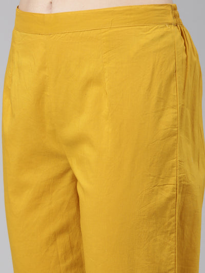 Neerus Mustard Pleated Straight Printed Kurta And Trousers With Dupatta