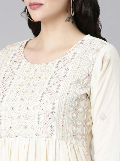Neerus Cream Pleated Straight Embroidered Kurta And Trousers With Dupatta