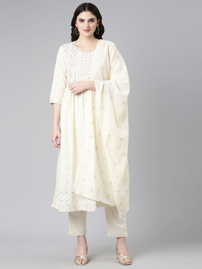 Neerus Cream Pleated Straight Embroidered Kurta And Trousers With Dupatta