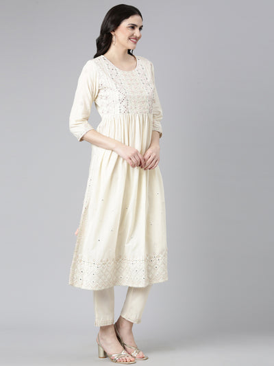 Neerus Cream Pleated Straight Embroidered Kurta And Trousers With Dupatta