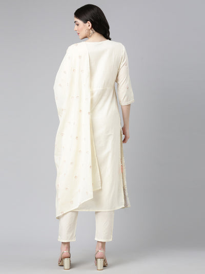 Neerus Cream Pleated Straight Embroidered Kurta And Trousers With Dupatta