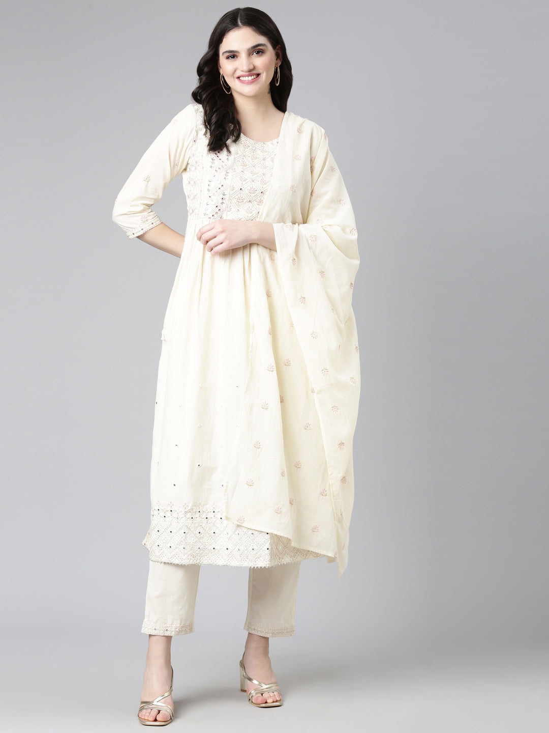 Neerus Cream Pleated Straight Embroidered Kurta And Trousers With Dupatta