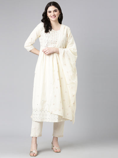 Neerus Cream Pleated Straight Embroidered Kurta And Trousers With Dupatta