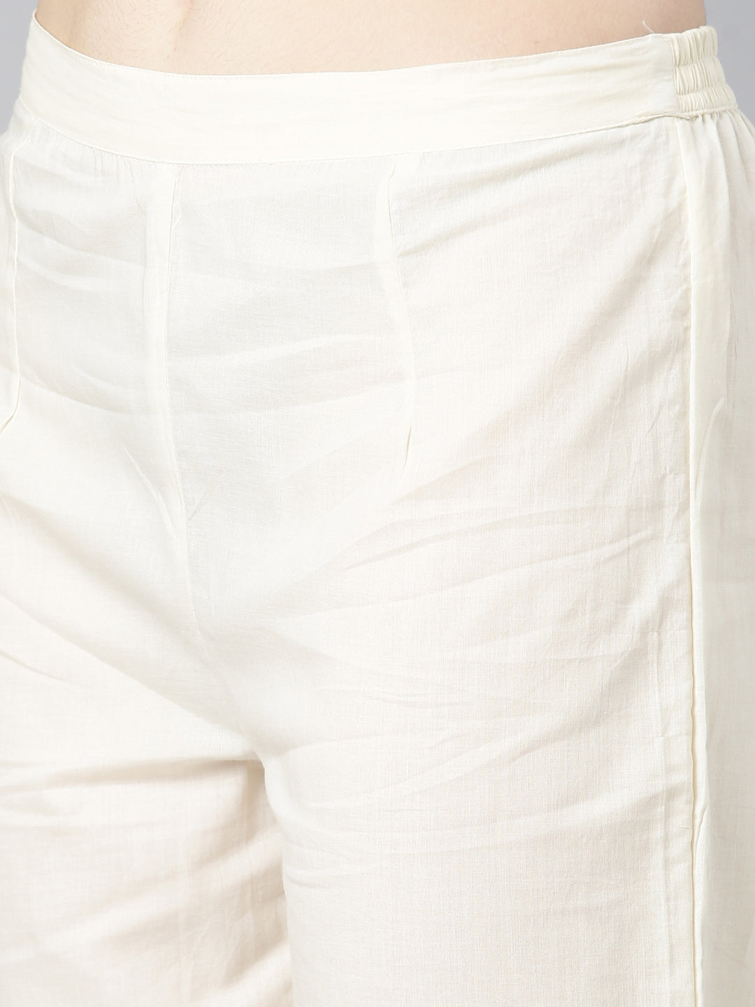 Neerus Cream Pleated Straight Embroidered Kurta And Trousers With Dupatta
