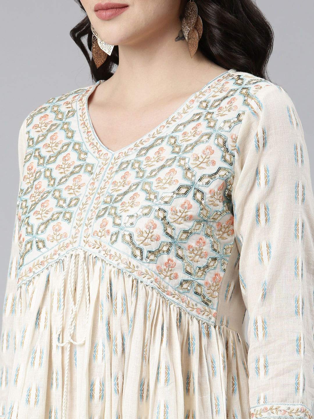 Neerus White cotton printed anarkali kurta set - detail view 1