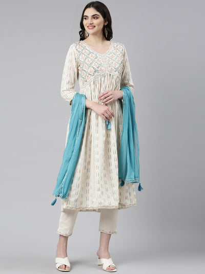 Neeru's Off White Pleated Anarkali Printed Kurta And Trousers With Dupatta