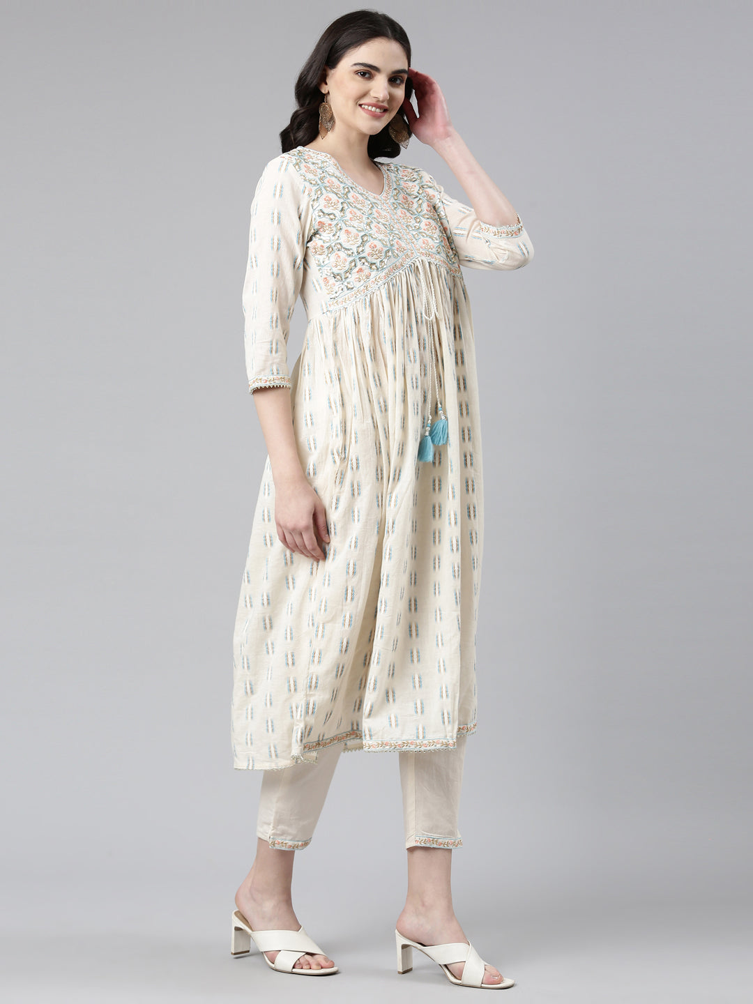 Neerus White cotton printed anarkali kurta set - back view