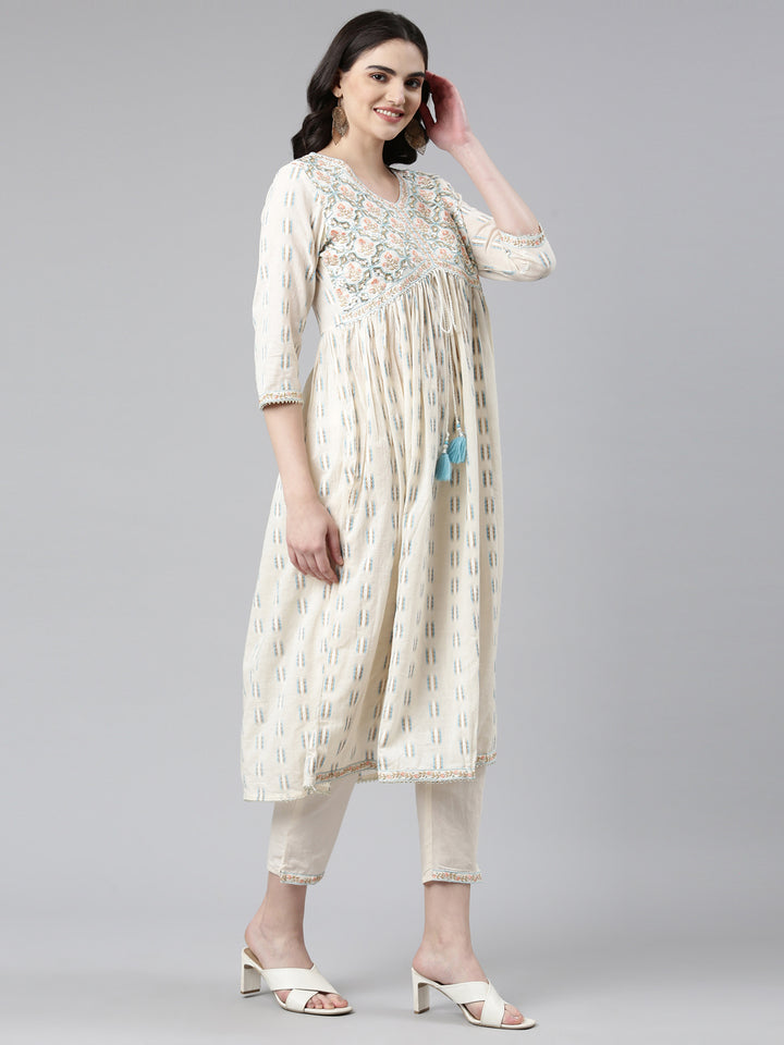 Neerus White cotton printed anarkali kurta set - back view