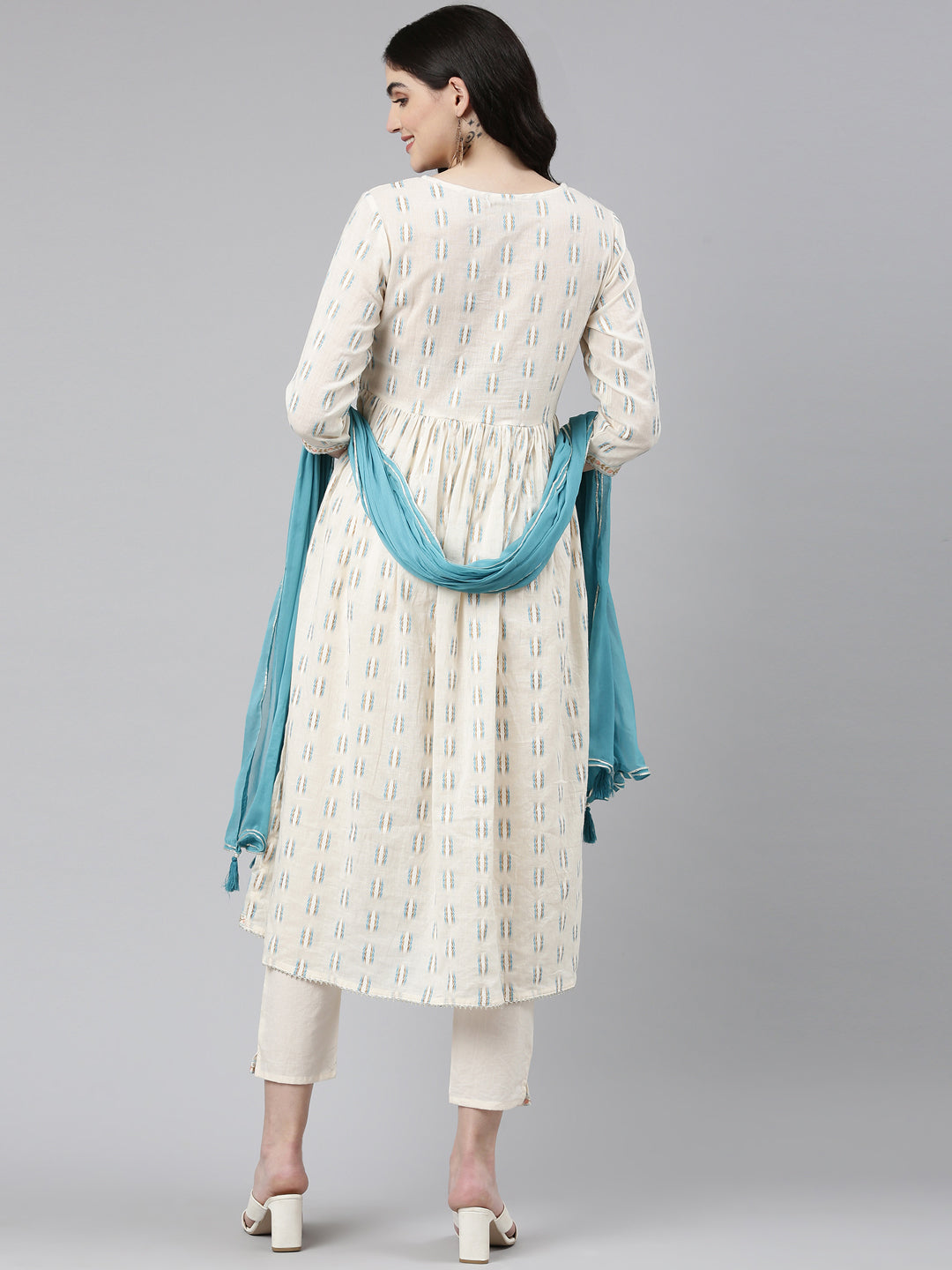 Neerus White cotton printed anarkali kurta set - side view