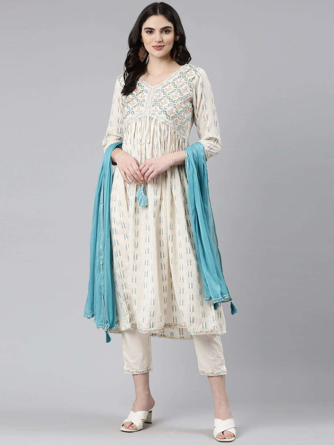 Neerus White cotton printed anarkali kurta set - detail view 2