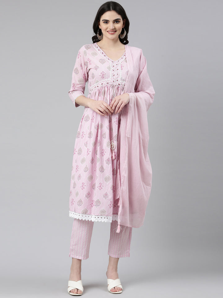 Neerus Pink cotton printed anarkali kurta set - front view