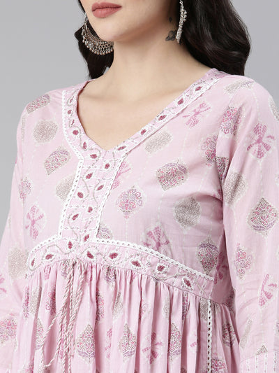 Neerus Pink Pleated Anarkali Printed Kurta And Trousers With Dupatta