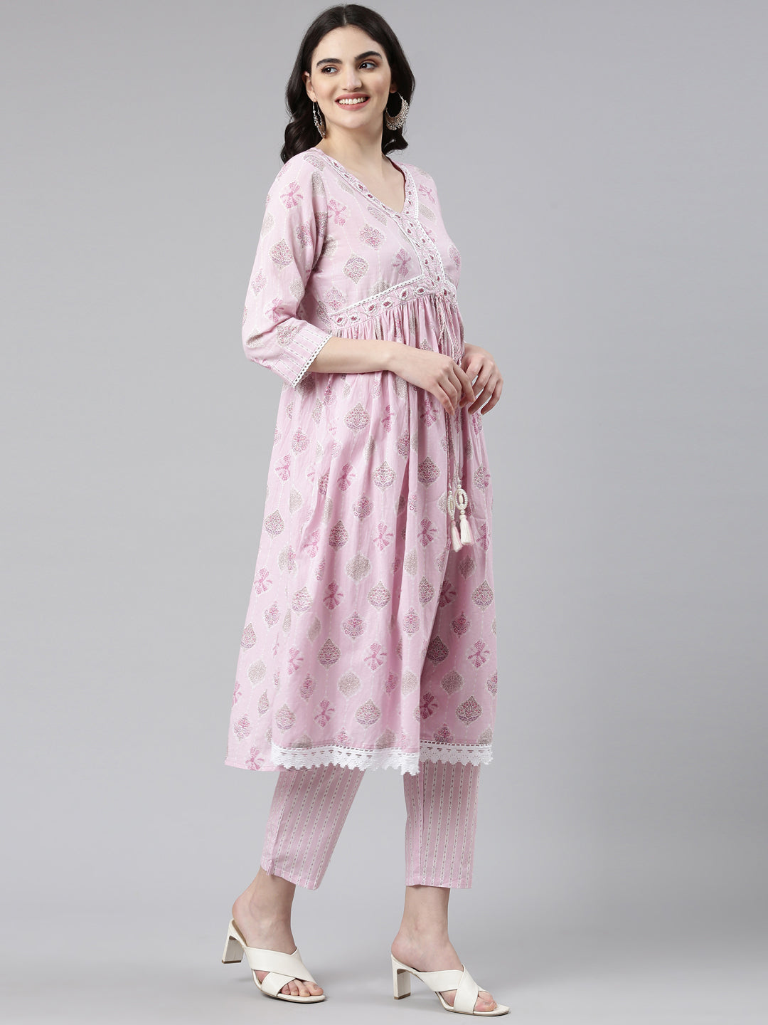 Neerus Pink Pleated Anarkali Printed Kurta And Trousers With Dupatta