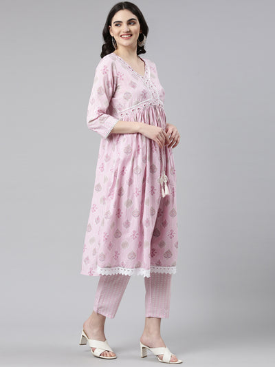 Neerus Pink Pleated Anarkali Printed Kurta And Trousers With Dupatta