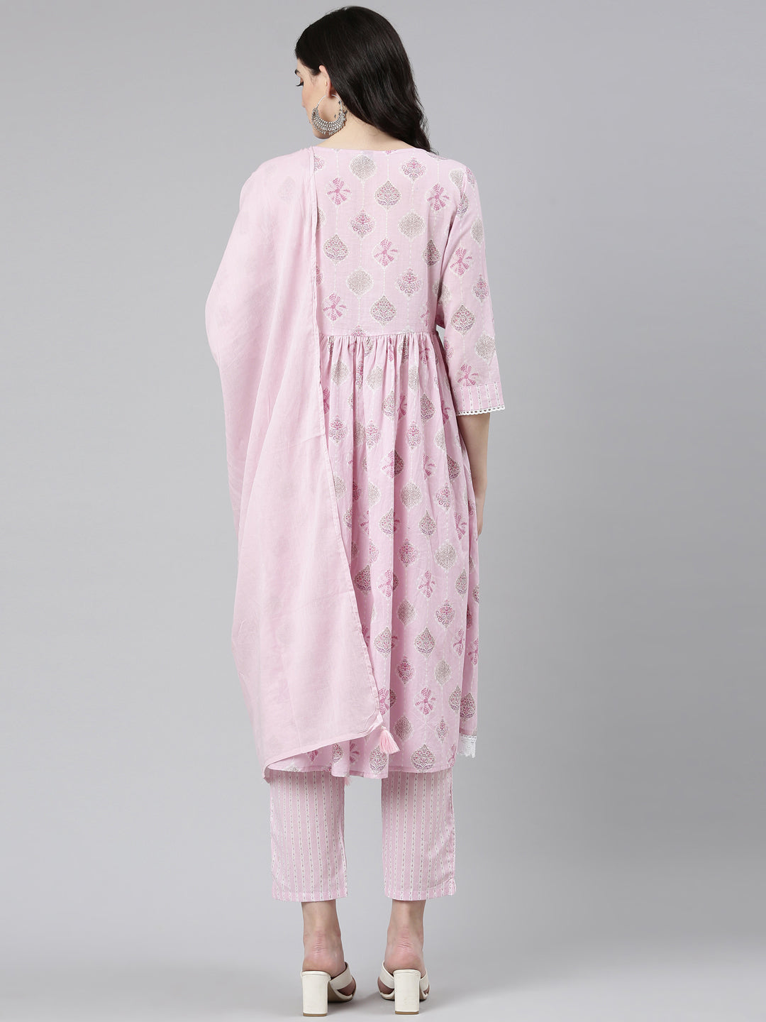 Neerus Pink Pleated Anarkali Printed Kurta And Trousers With Dupatta