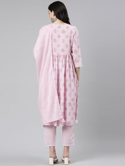 Neerus Pink Pleated Anarkali Printed Kurta And Trousers With Dupatta