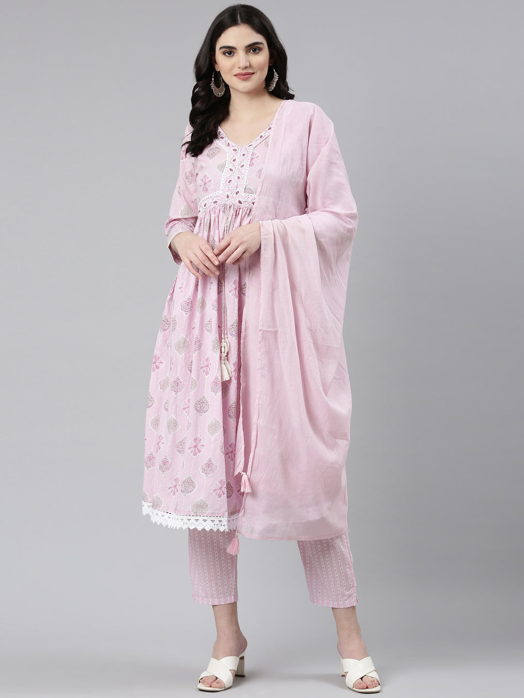 Neerus Pink Pleated Anarkali Printed Kurta And Trousers With Dupatta