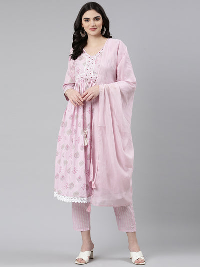 Neerus Pink Pleated Anarkali Printed Kurta And Trousers With Dupatta