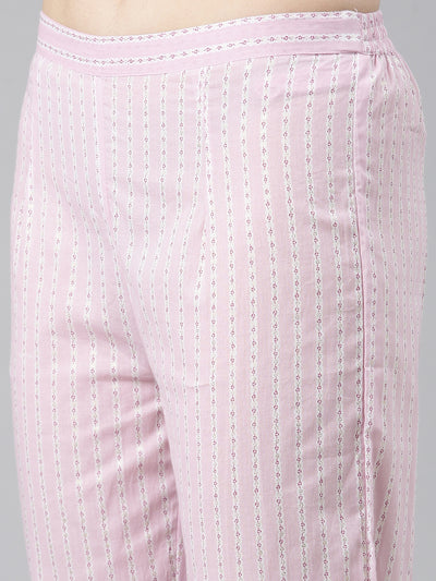 Neerus Pink Pleated Anarkali Printed Kurta And Trousers With Dupatta
