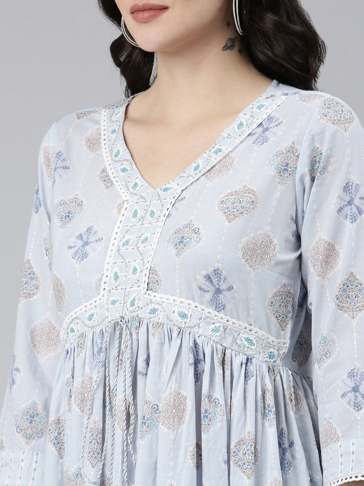 Neerus Blue Pleated Anarkali Printed Readymade Suits