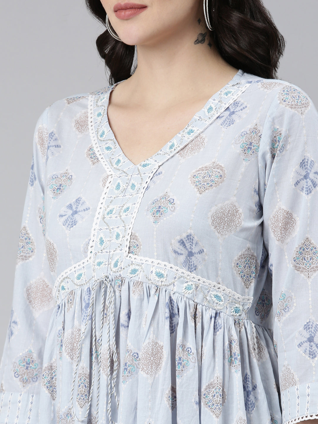 Neerus Blue Pleated Anarkali Printed Kurta And Trousers With Dupatta