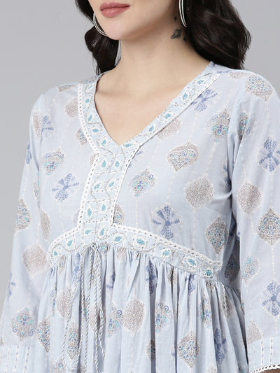 Neerus Blue Pleated Anarkali Printed Kurta And Trousers With Dupatta