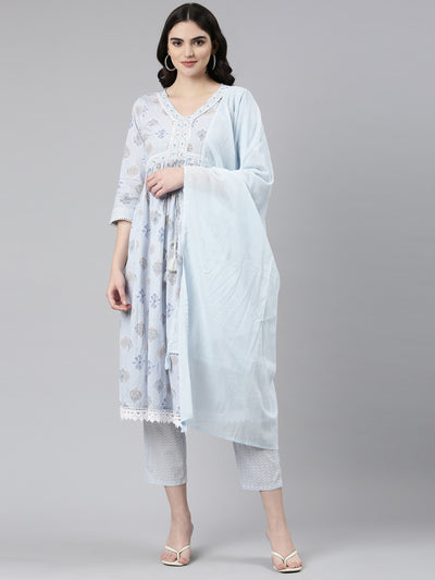 Neerus Blue Pleated Anarkali Printed Kurta And Trousers With Dupatta