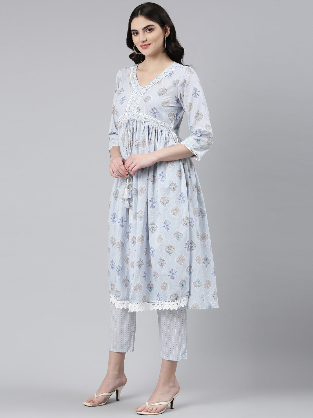 Neerus Blue Pleated Anarkali Printed Kurta And Trousers With Dupatta