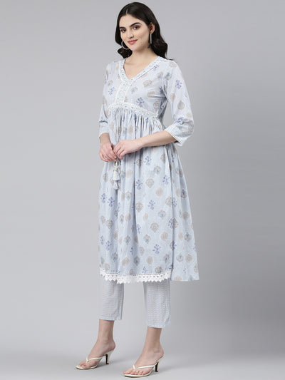 Neerus Blue Pleated Anarkali Printed Kurta And Trousers With Dupatta