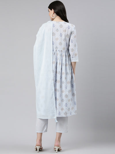 Neerus Blue Pleated Anarkali Printed Kurta And Trousers With Dupatta