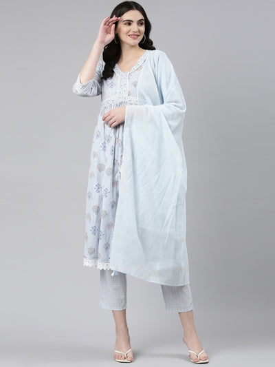 Neerus Blue Pleated Anarkali Printed Kurta And Trousers With Dupatta