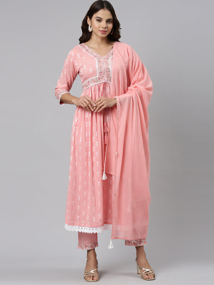 Neerus Pink cotton printed kurta set with trouser and dupatta - front view