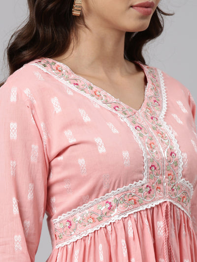 Neerus Pink Regular Straight Printed Kurta And Trousers With Dupatta