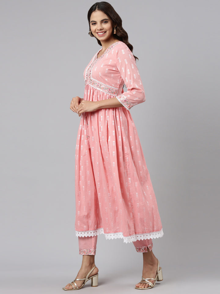 Neerus Pink cotton printed kurta set with trouser and dupatta - back view