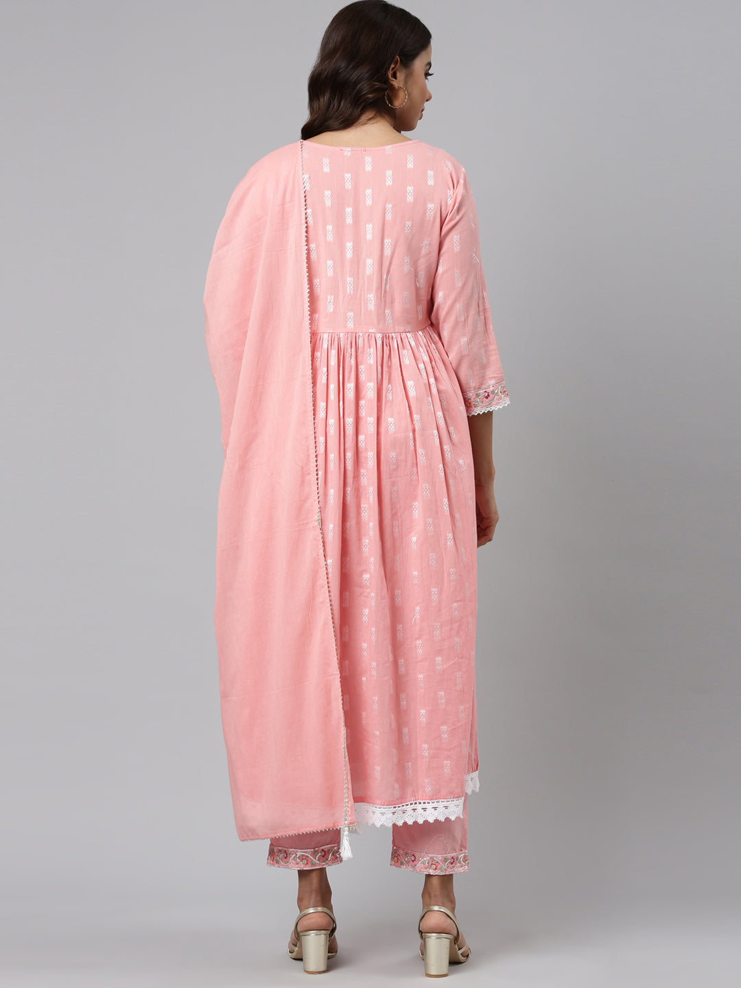 Neerus Pink cotton printed kurta set with trouser and dupatta - side view