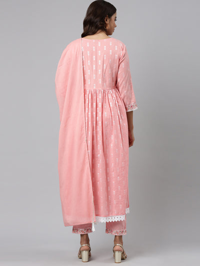 Neerus Pink Regular Straight Printed Kurta And Trousers With Dupatta