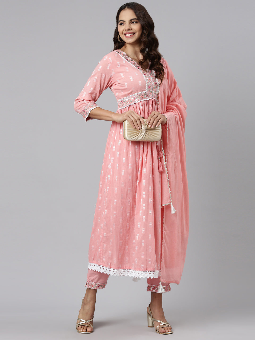 Neerus Pink cotton printed kurta set with trouser and dupatta - detail view 2