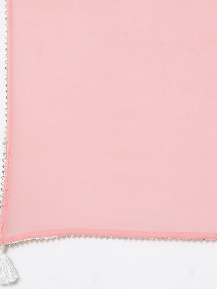 Neerus Pink cotton printed kurta set with trouser and dupatta - detail view 3