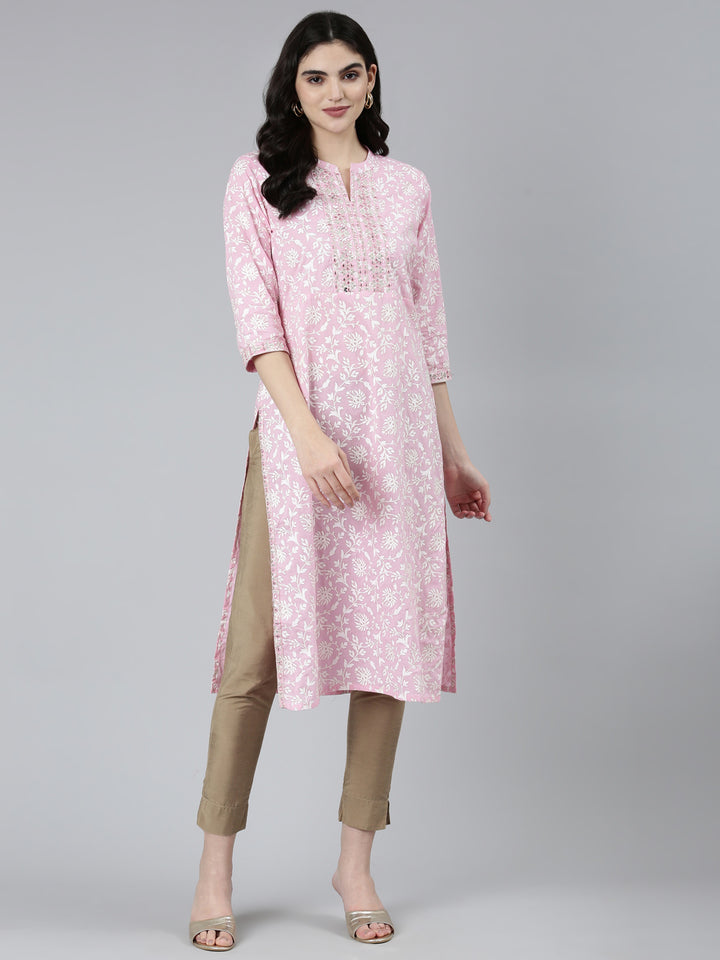 Neerus Pink Regular Straight Floral Kurtas