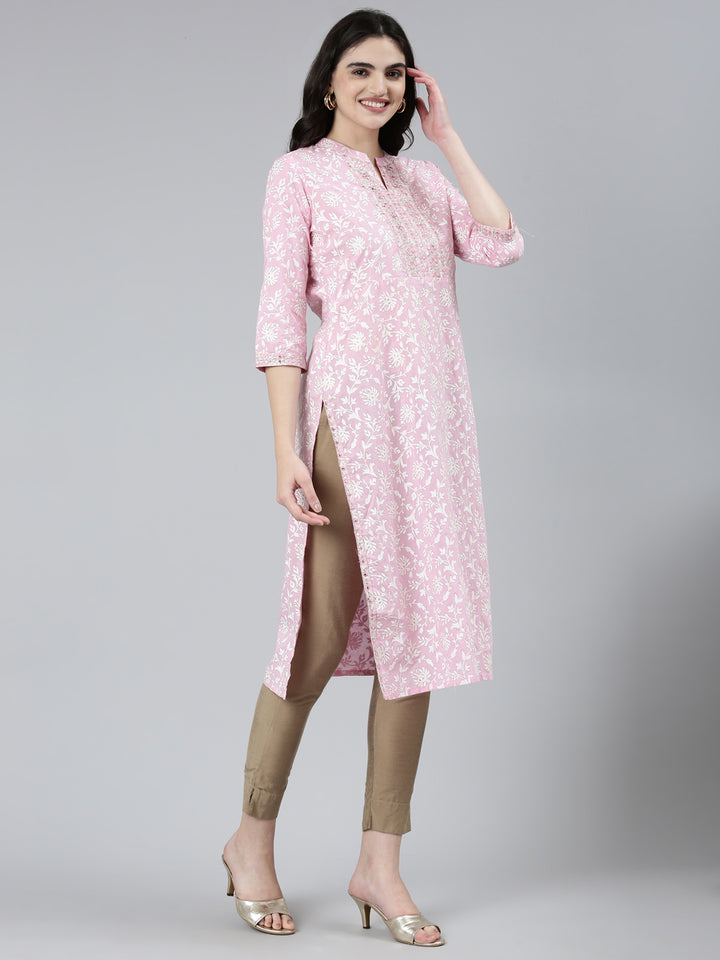 Neerus Pink Regular Straight Floral Kurtas